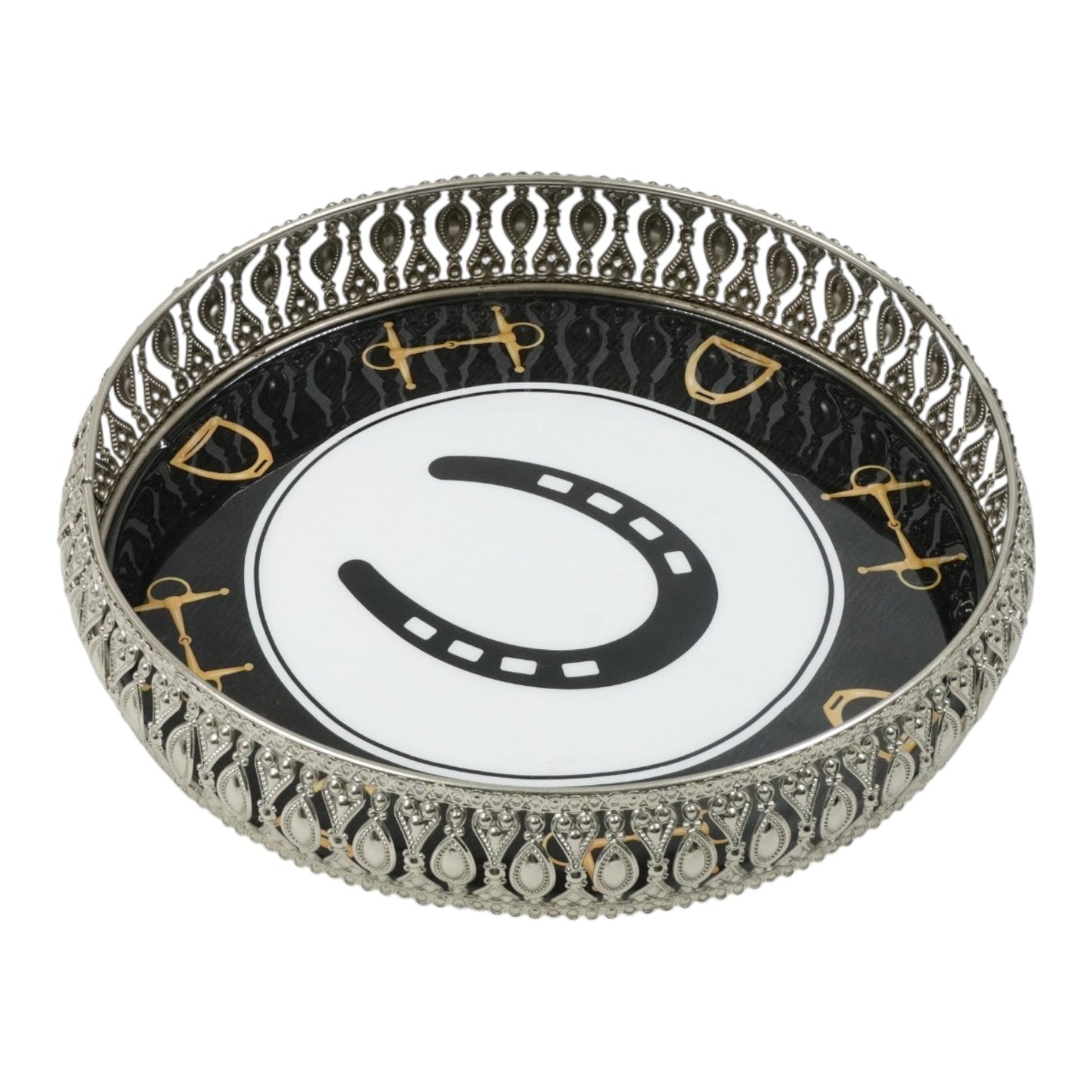 Equestrian Horseshoe Decorative Tray 10 Inch Round - Nickel Powder Coated Acrylic Finish