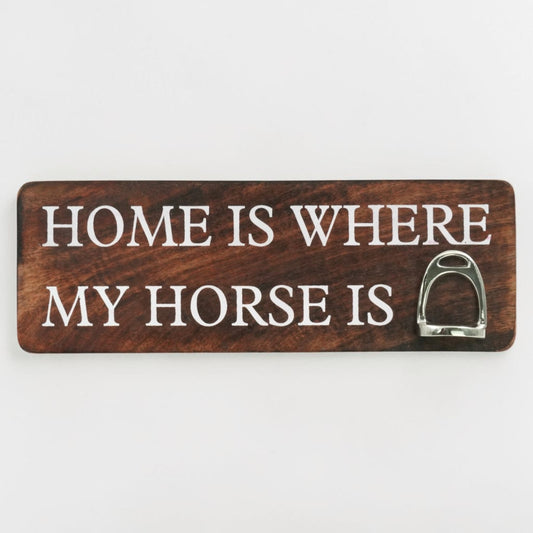 Home Is Where My Horse Is Wall Sign with Stirrup | Mango Wood & Nickel Plated Stirrup | Equestrian Wall Decor