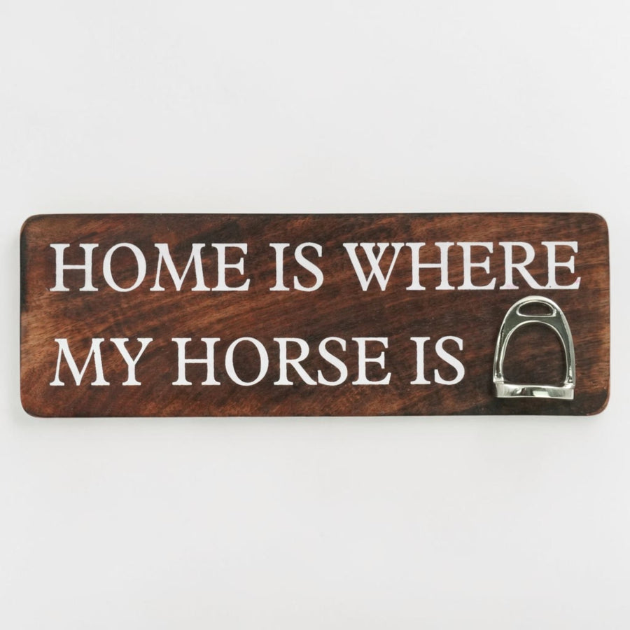 Home Is Where My Horse Is Wall Sign with Stirrup | Mango Wood & Nickel Plated Stirrup | Equestrian Wall Decor