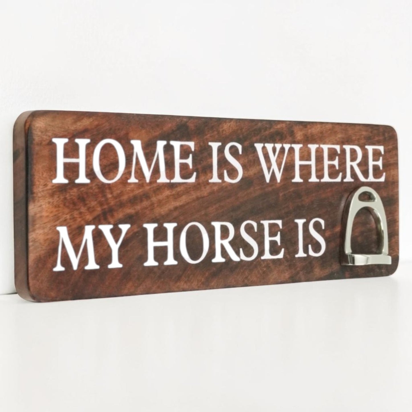 Home Is Where My Horse Is Wall Sign with Stirrup | Mango Wood & Nickel Plated Stirrup | Equestrian Wall Decor