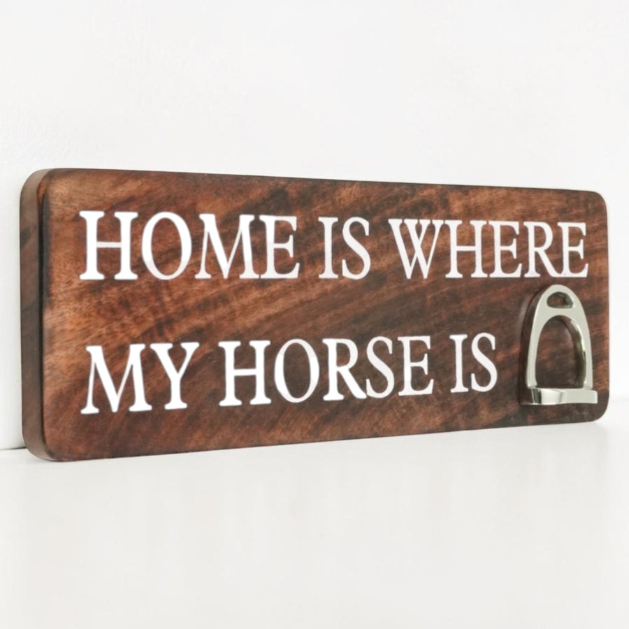 Home Is Where My Horse Is Wall Sign with Stirrup | Mango Wood & Nickel Plated Stirrup | Equestrian Wall Decor