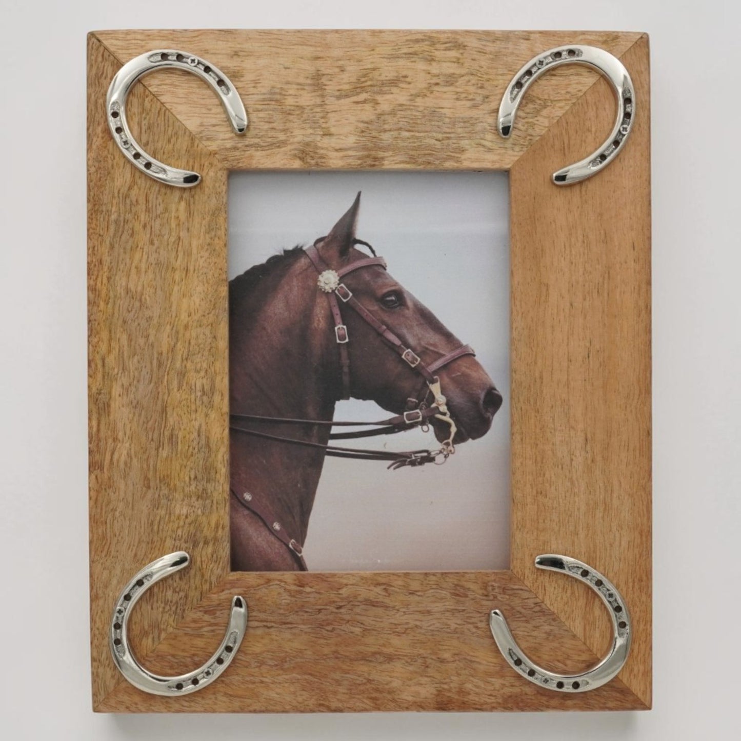 Equestrian Horseshoe Photo Frame - Mango Wood with Nickel Plated Cast Aluminium Horseshoes | 23cm x 28cm