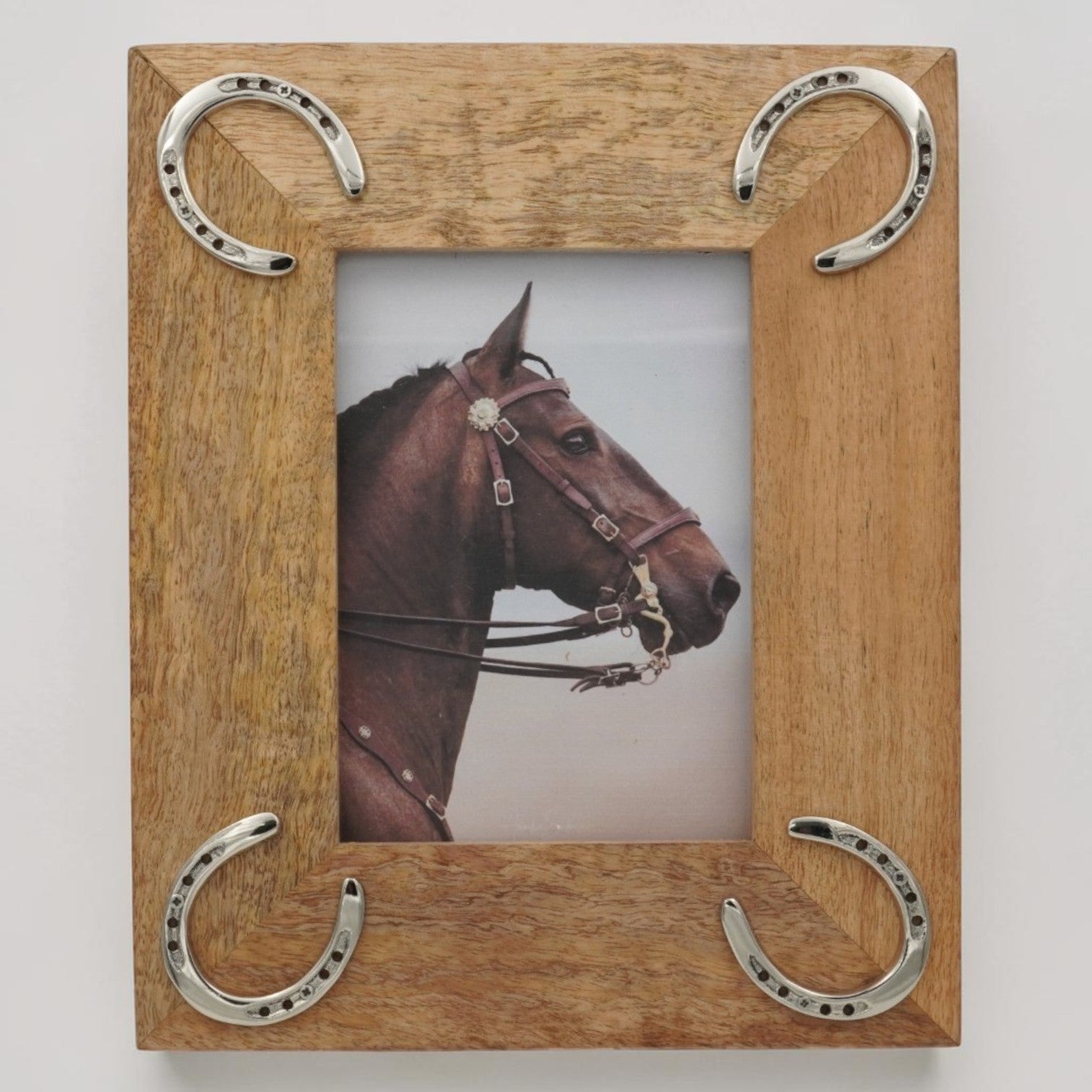 Equestrian Horseshoe Photo Frame - Mango Wood with Nickel Plated Cast Aluminium Horseshoes | 23cm x 28cm