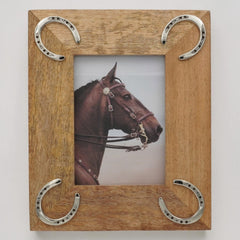 Equestrian Horseshoe Photo Frame - Mango Wood with Nickel Plated Cast Aluminium Horseshoes | 23cm x 28cm