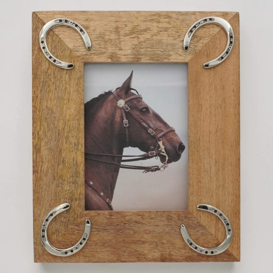 Equestrian Horseshoe Photo Frame - Mango Wood with Nickel Plated Cast Aluminium Horseshoes | 23cm x 28cm