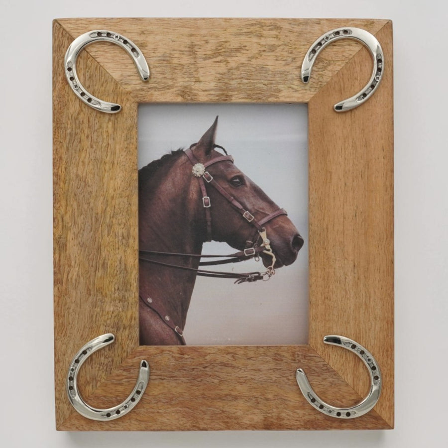 Equestrian Horseshoe Photo Frame - Mango Wood with Nickel Plated Cast Aluminium Horseshoes | 23cm x 28cm
