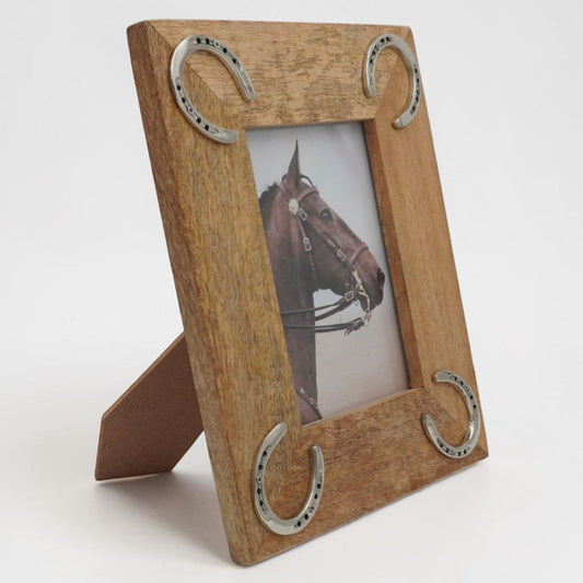 Equestrian Horseshoe Photo Frame - Mango Wood with Nickel Plated Cast Aluminium Horseshoes | 23cm x 28cm