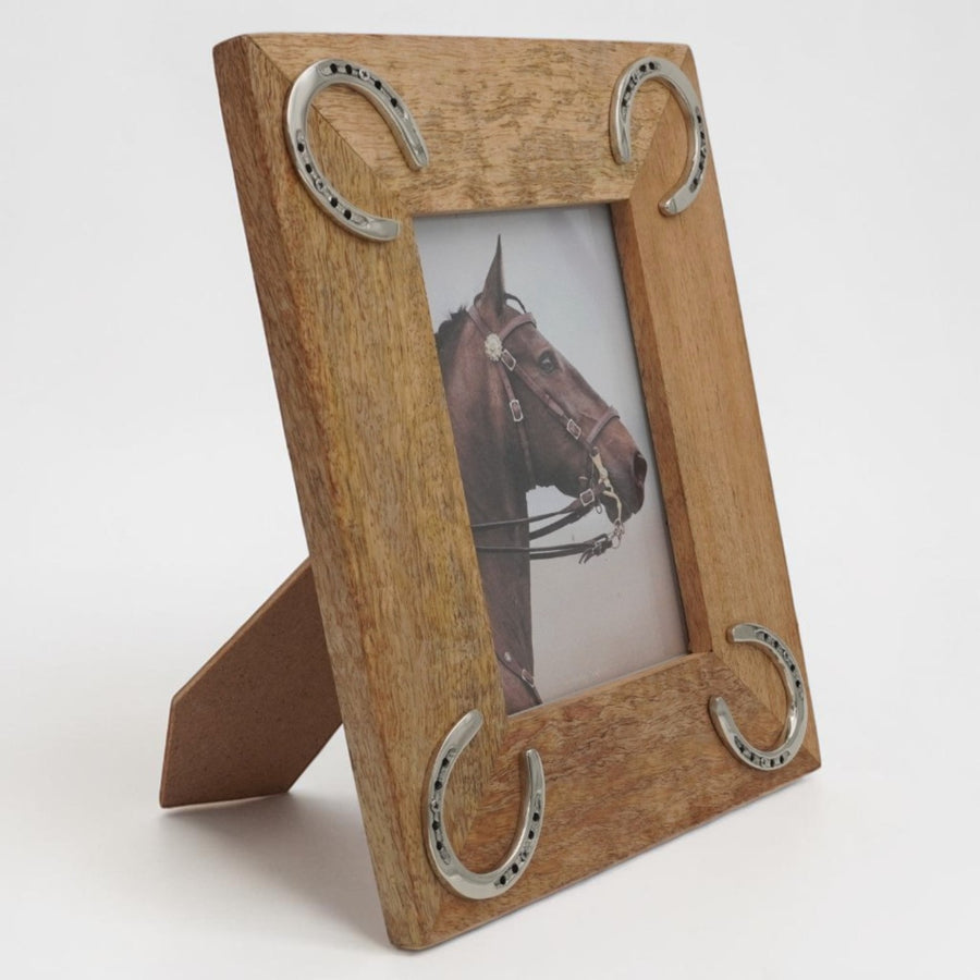 Equestrian Horseshoe Photo Frame - Mango Wood with Nickel Plated Cast Aluminium Horseshoes | 23cm x 28cm