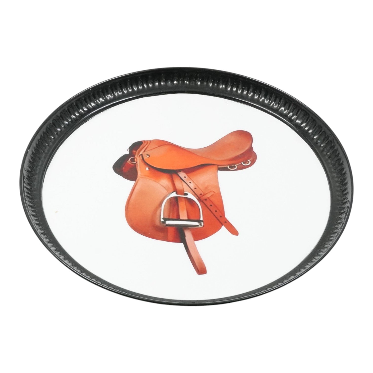 8 Inch Equestrian Saddle Decorative Plate - Black Metal Round Plate