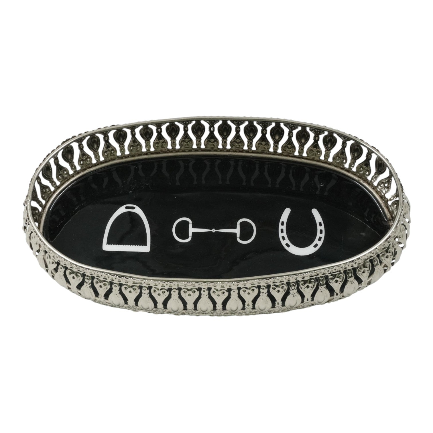 Equestrian Symbols Decorative Tray - 12.5 x 7 Inch -Full Nickel Powder Coated Black Base Metal Tray