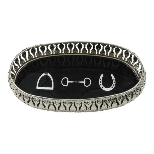 Equestrian Symbols Decorative Tray - 12.5 x 7 Inch -Full Nickel Powder Coated Black Base Metal Tray