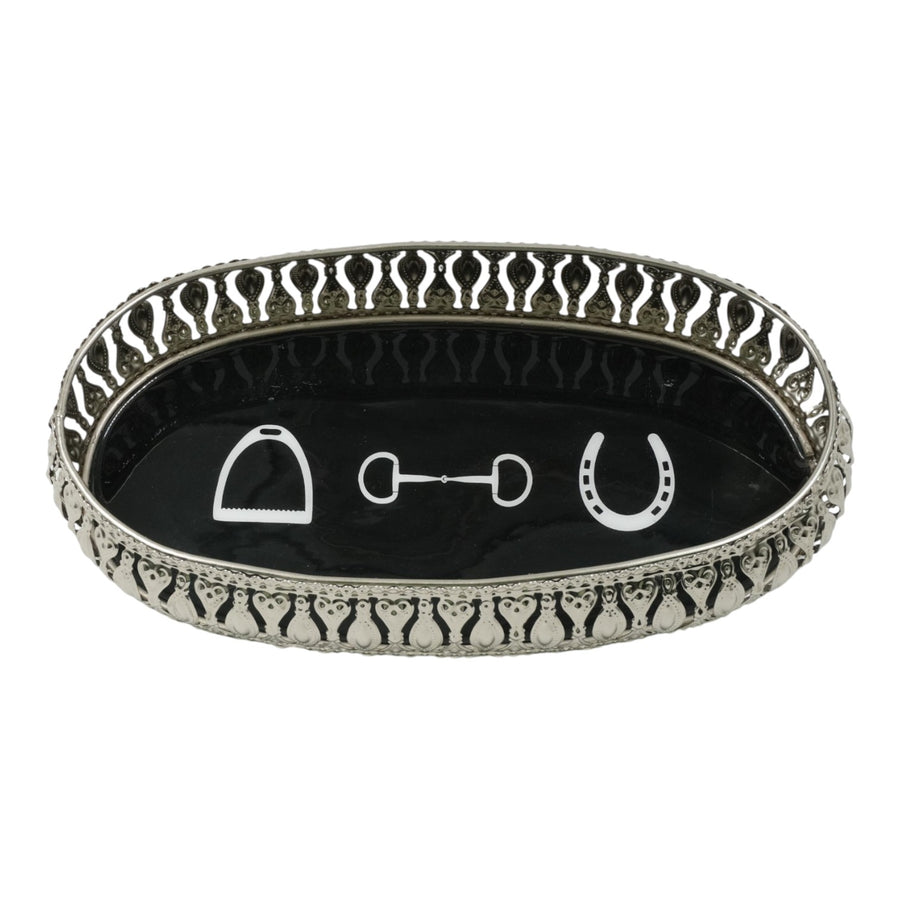 Equestrian Symbols Decorative Tray 10 x 6 Inch - Full Nickel Powder Coated Black Base Metal Tray