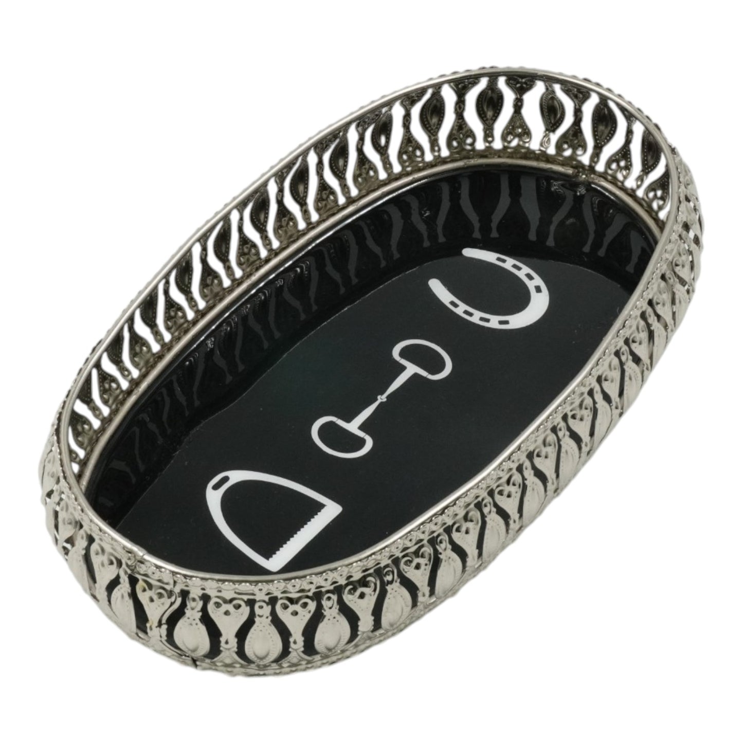 Equestrian Symbols Decorative Tray - 12.5 x 7 Inch -Full Nickel Powder Coated Black Base Metal Tray