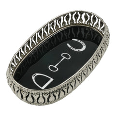 Equestrian Symbols Decorative Tray - 12.5 x 7 Inch -Full Nickel Powder Coated Black Base Metal Tray