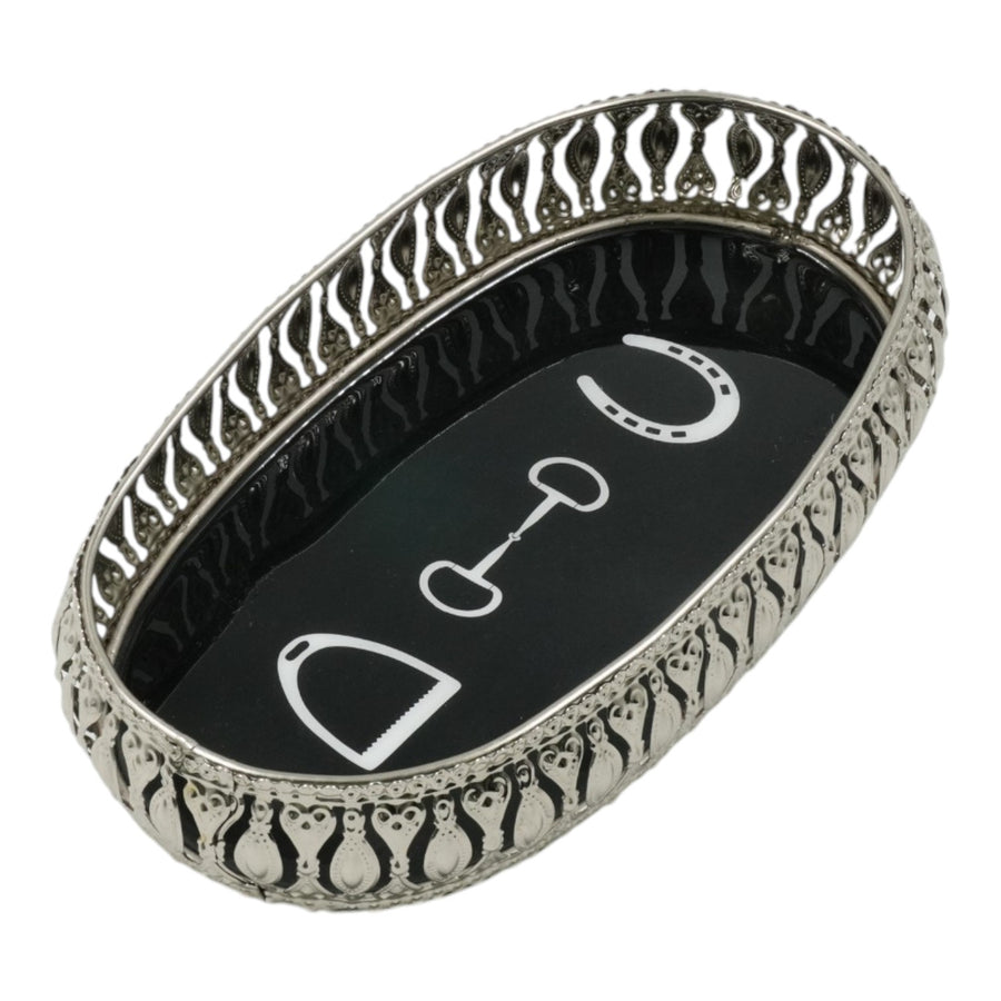 Equestrian Symbols Decorative Tray - 12.5 x 7 Inch -Full Nickel Powder Coated Black Base Metal Tray