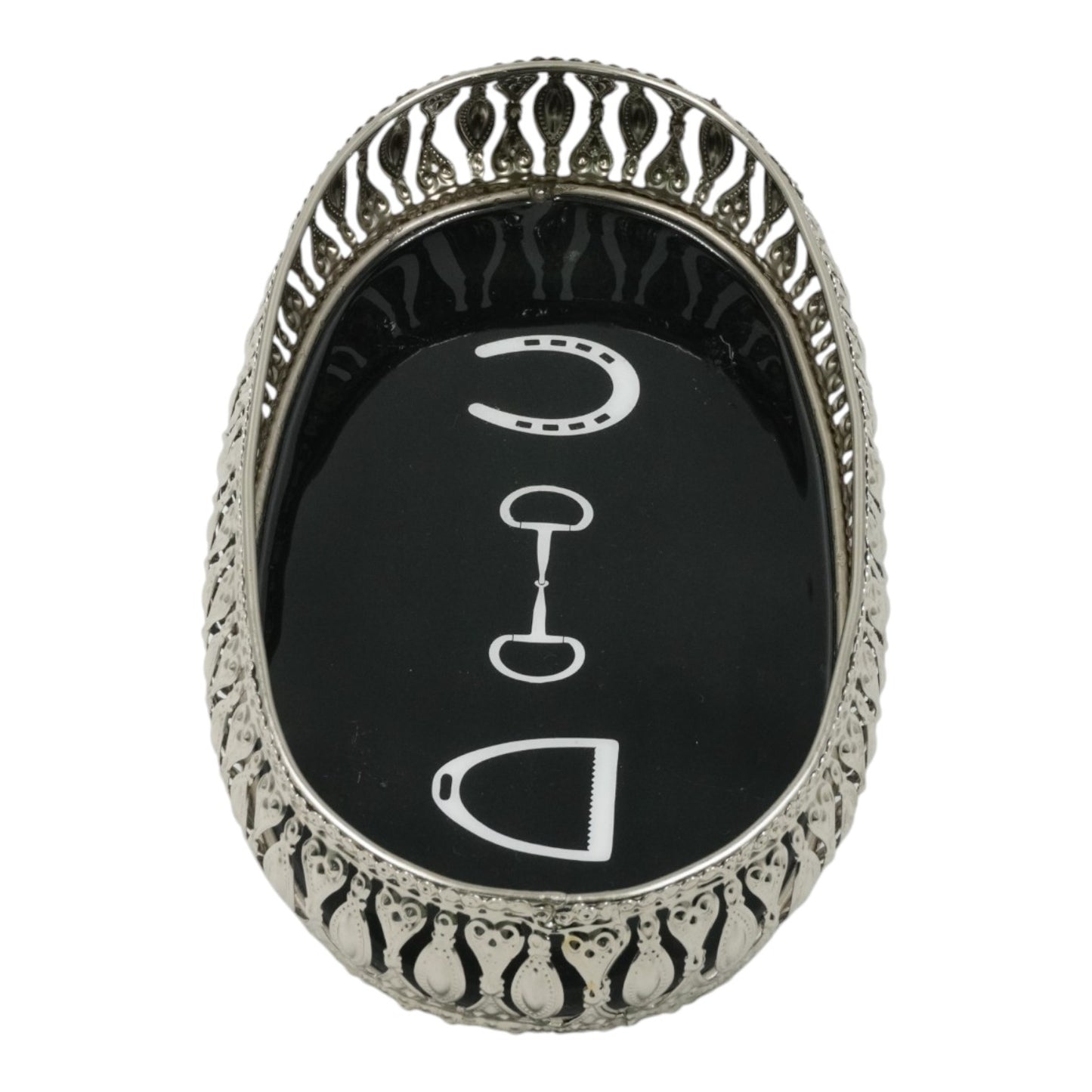 Equestrian Symbols Decorative Tray - 12.5 x 7 Inch -Full Nickel Powder Coated Black Base Metal Tray