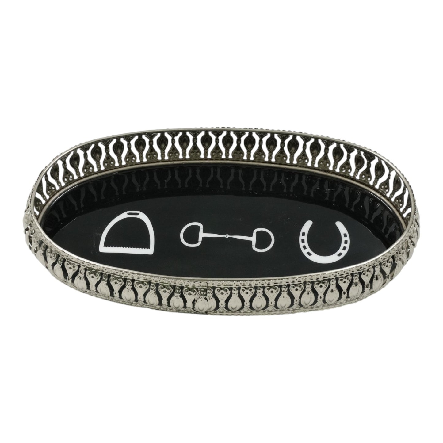 Equestrian Symbols Decorative Tray 9 x 5 Inch - Full Nickel Powder Coated Black Base Metal Tray