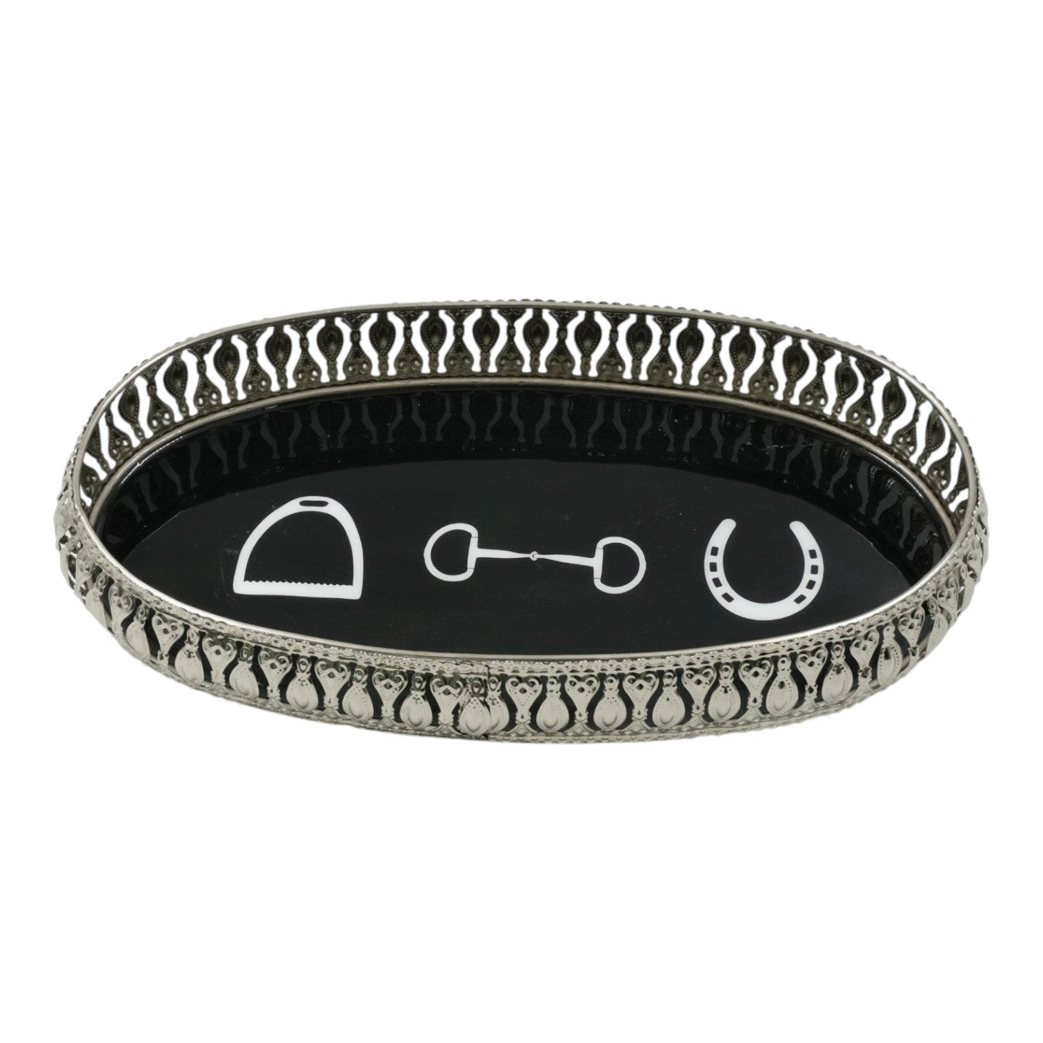 Equestrian Symbols Decorative Tray 9 x 5 Inch - Full Nickel Powder Coated Black Base Metal Tray
