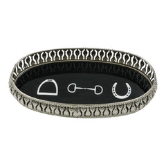 Equestrian Symbols Decorative Tray 9 x 5 Inch - Full Nickel Powder Coated Black Base Metal Tray