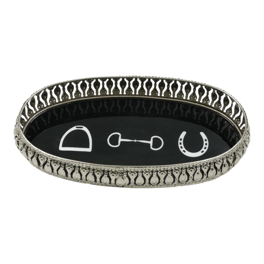 Equestrian Symbols Decorative Tray 9 x 5 Inch - Full Nickel Powder Coated Black Base Metal Tray