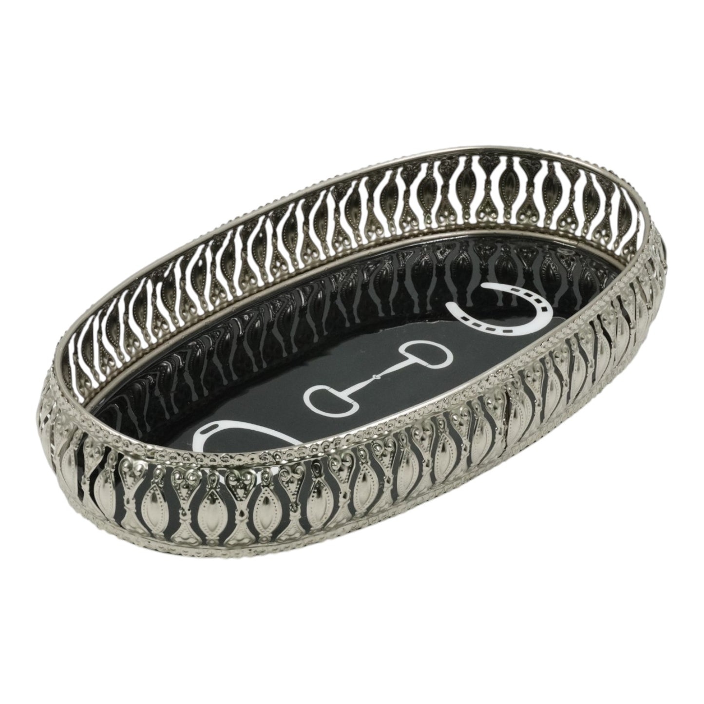 Equestrian Symbols Decorative Tray 9 x 5 Inch - Full Nickel Powder Coated Black Base Metal Tray