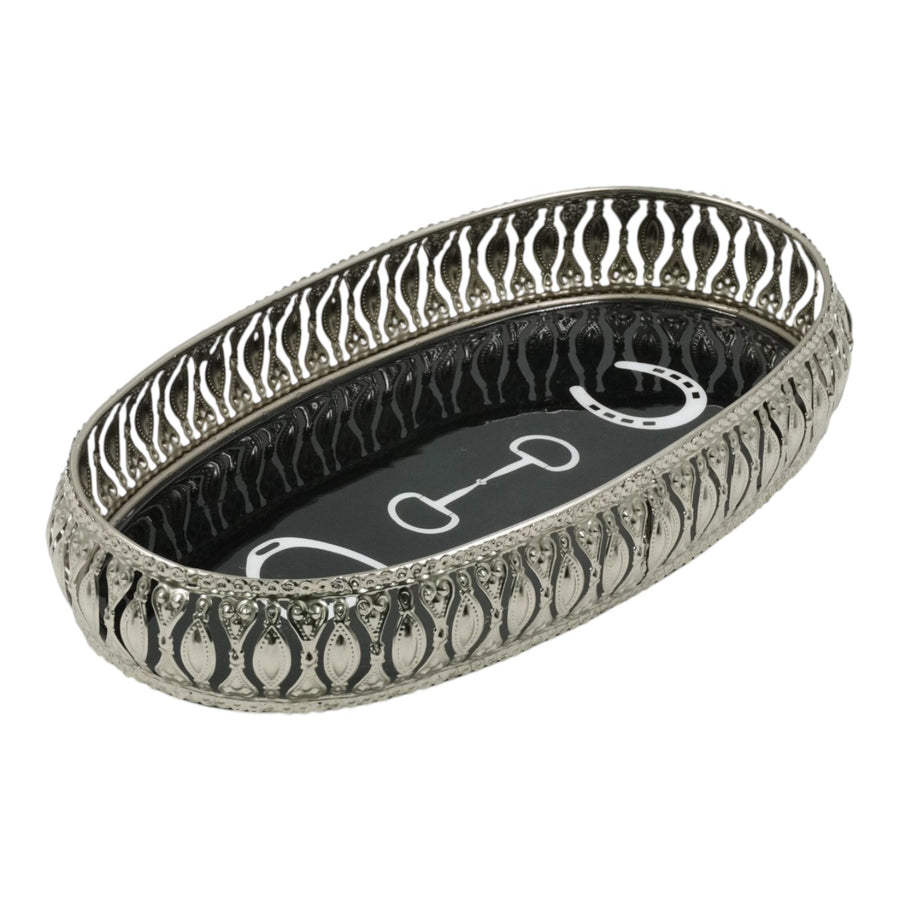 Equestrian Symbols Decorative Tray 9 x 5 Inch - Full Nickel Powder Coated Black Base Metal Tray