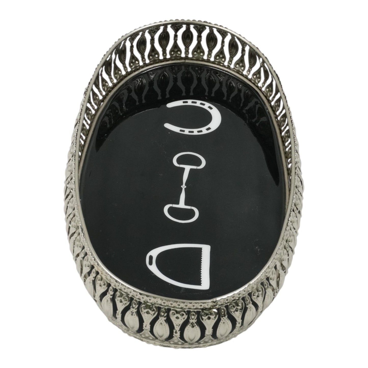 Equestrian Symbols Decorative Tray 9 x 5 Inch - Full Nickel Powder Coated Black Base Metal Tray