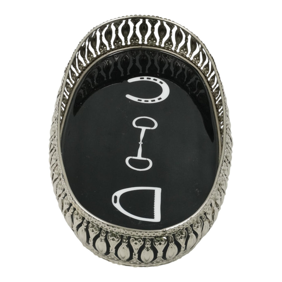 Equestrian Symbols Decorative Tray 9 x 5 Inch - Full Nickel Powder Coated Black Base Metal Tray