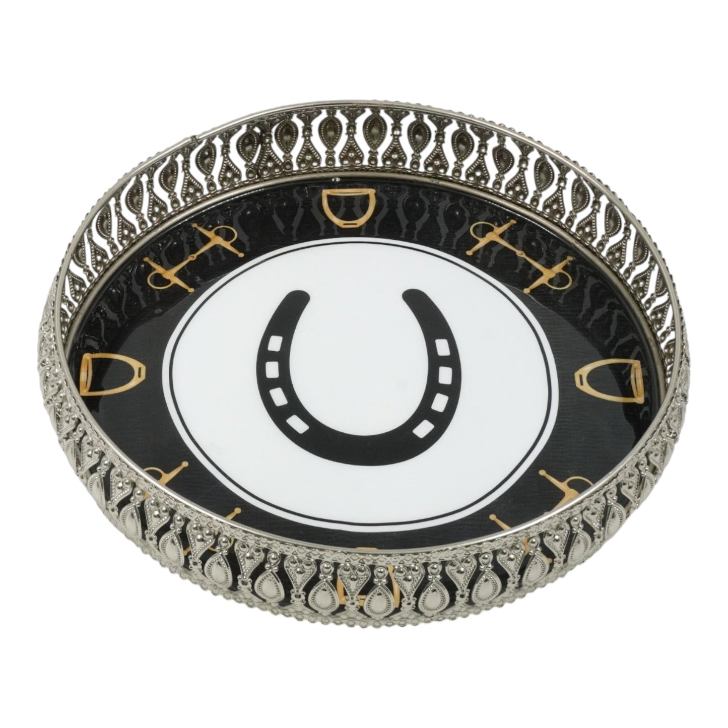 Equestrian Horseshoe Decorative Tray 10 Inch Round - Nickel Powder Coated Acrylic Finish