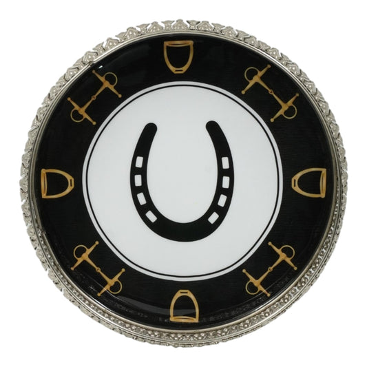 Equestrian Horseshoe Decorative Tray 10 Inch Round - Nickel Powder Coated Acrylic Finish