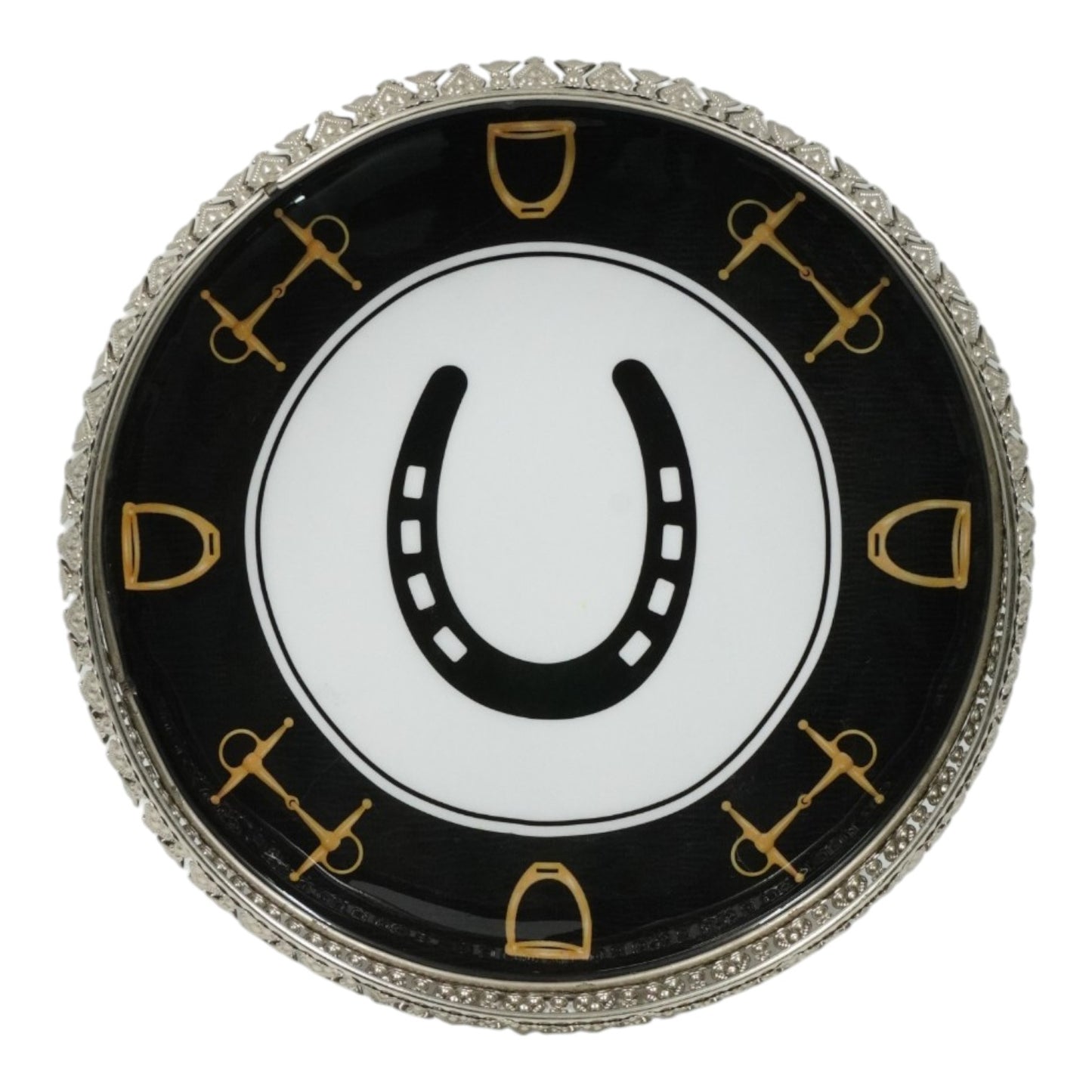 Equestrian Horseshoe Decorative Tray 6 Inch Round - Nickel Powder Coated Acrylic Finish