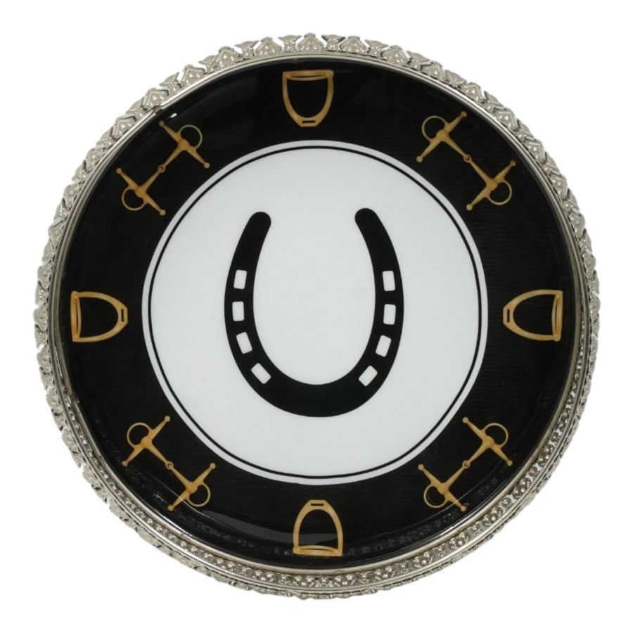 Equestrian Horseshoe Decorative Tray 6 Inch Round - Nickel Powder Coated Acrylic Finish