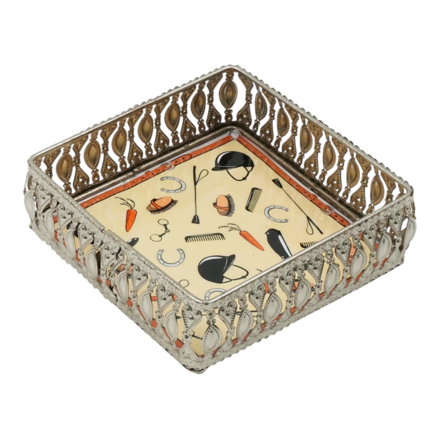 Equestrian Motifs Decorative Tray 10 Inch Square - Nickel Powder Coated Acrylic Finish