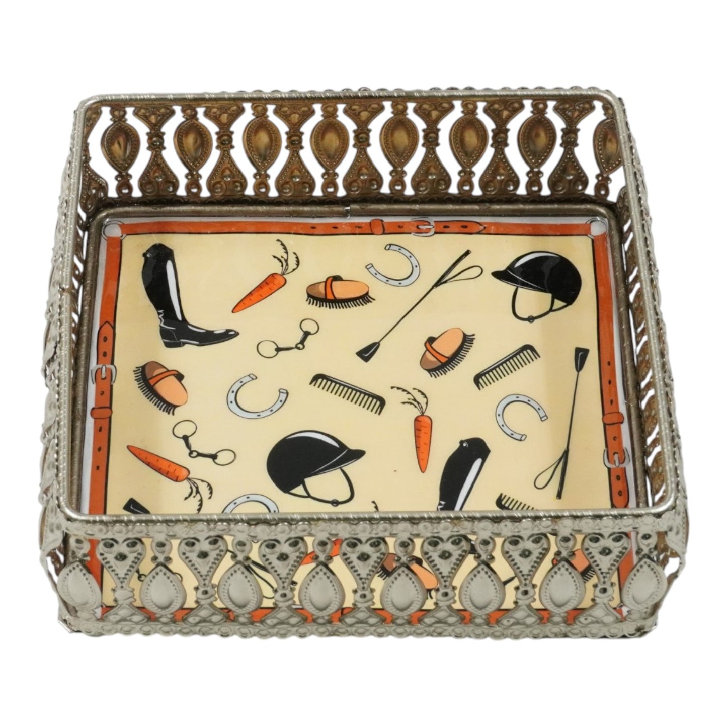 Equestrian Motifs Decorative Tray 10 Inch Square - Nickel Powder Coated Acrylic Finish