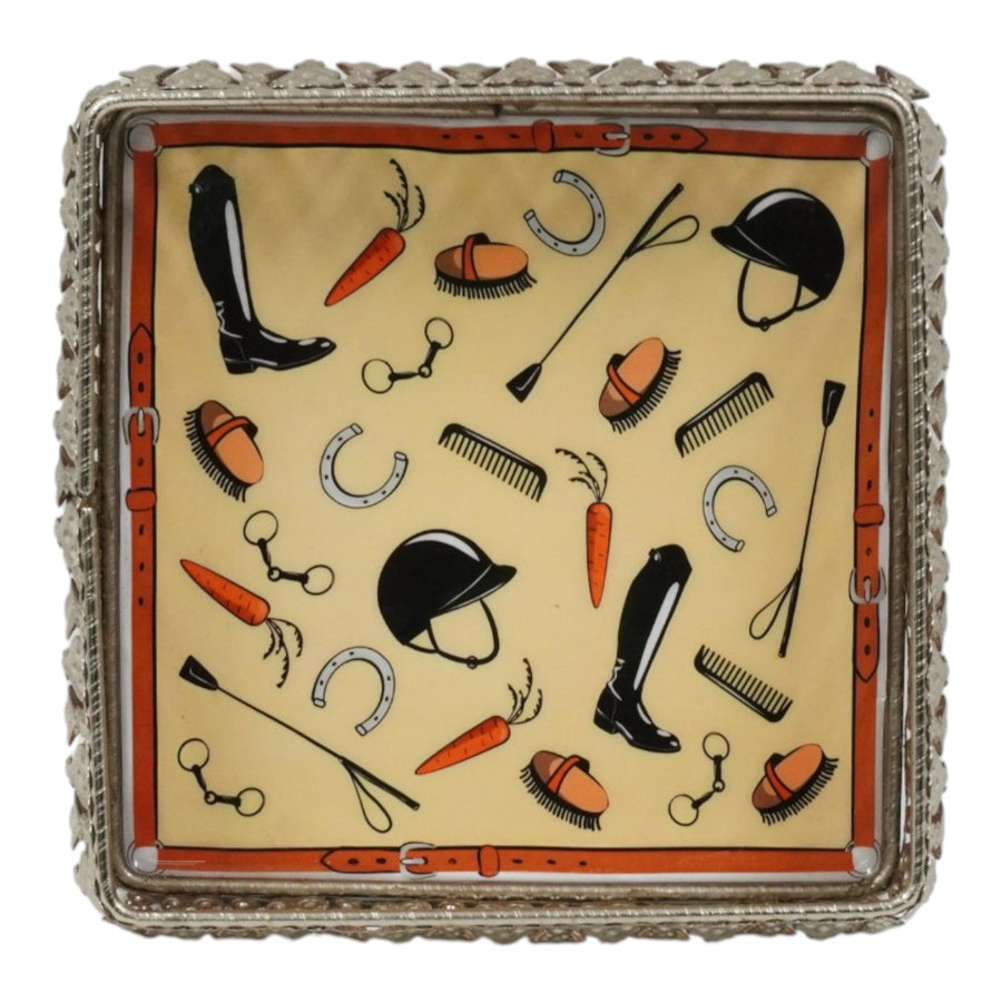 Equestrian Motifs Decorative Tray 10 Inch Square - Nickel Powder Coated Acrylic Finish
