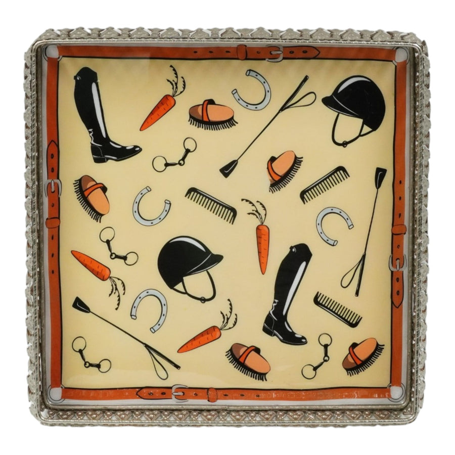 Equestrian Motifs Decorative Tray 6 Inch Square - Nickel Powder Coated Acrylic Finish