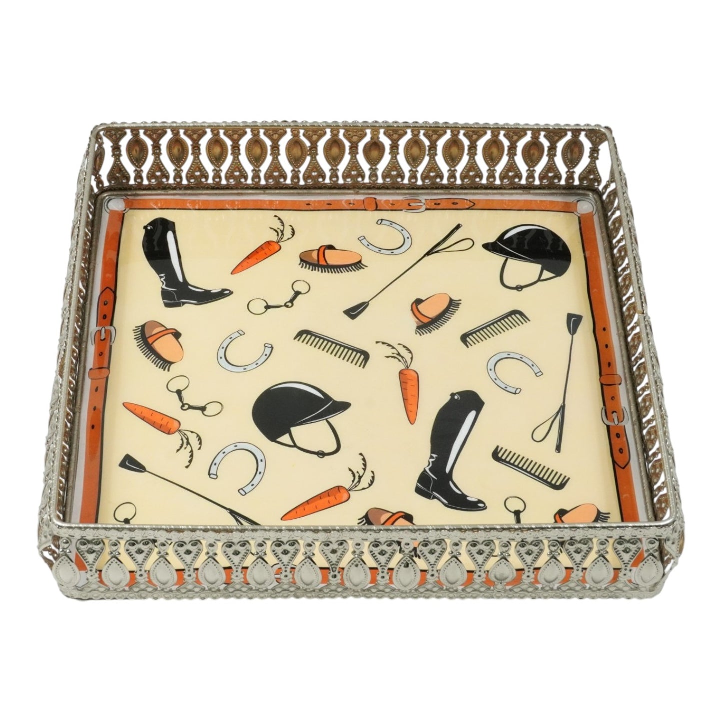 Equestrian Motifs Decorative Tray 6 Inch Square - Nickel Powder Coated Acrylic Finish